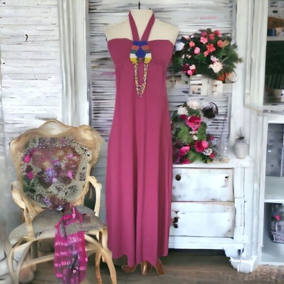 Vtg Y2K Beaded Halter Dress Maxi Sundress Small Pink Bohemian Beachy Gypsy Sexy - Picture 16 of 16